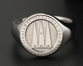 Anillo de sello de oro de 18 quilates con Cantar de los Cantares 8:6 para parejas.