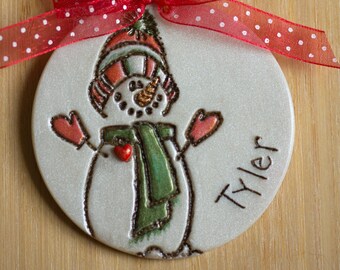 Snowman in scarf and mittens personalized ornament