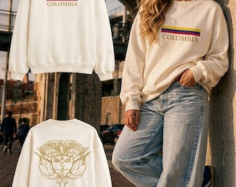 Colombia Crewneck Sweatshirt, Colombian Flag Front, Escudo de Colombia Back, Colombiana