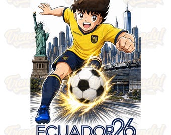 Bundel Captain Tsubasa Ecuador 2026 voetbal-png 5 bestanden DTF/sublimatie 4 png's en 1 halftoon voor witte shirts.