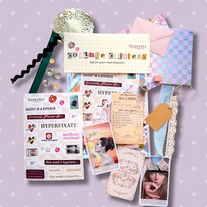 May include: A collage of stationery items, including cards, stickers, and decorative elements. The text "COLLAGE CLISTERS" is visible, along with other text like "hyperfix" and "aesthetic overload." The color palette includes pink, purple, and gold.