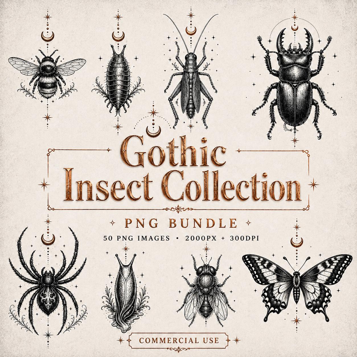 Gothic Insect Clipart Bundle PNG | Vintage Bug Engraving | Tattoo Style ...