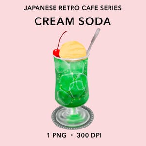Puede incluir: Ilustración de un refresco de crema de café retro japonés. El refresco verde está en un vaso alto con cubitos de hielo, cubierto con una bola de helado amarillo y una cereza roja. El vaso se apoya en un posavasos plateado.