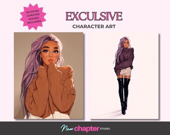 紫髪のキャラクターアート、限定キャラクターイラストセット、著者ブランディングバンドル