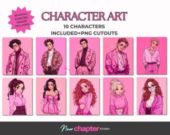 Rom Com Character Art Pack, 10 Illustrated Characters PNG Cutouts Authors