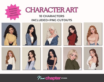 Rom Com Character Art Pack, 10 Illustrated Characters PNG Cutouts Authors