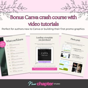 May include: A pink graphic promoting a Canva crash course with video tutorials. The image shows three pages with text and graphics, including "What you'll learn" and "Photo grids." The bottom of the image has the text "New chapter STUDIO."