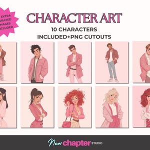 May include: A collection of digital art prints showcasing 10 character illustrations in diverse poses and attire. The artwork is set against a pale pink backdrop. The text "CHARACTER ART" and "10 CHARACTERS INCLUDED+PNG CUTOUTS" are displayed in a pink font. The image also includes the text "50 EXTRA CURATED IMAGES INCLUDED".