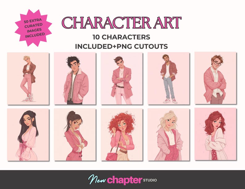 May include: A collection of digital art prints showcasing 10 character illustrations in diverse poses and attire. The artwork is set against a pale pink backdrop. The text "CHARACTER ART" and "10 CHARACTERS INCLUDED+PNG CUTOUTS" are displayed in a pink font. The image also includes the text "50 EXTRA CURATED IMAGES INCLUDED".