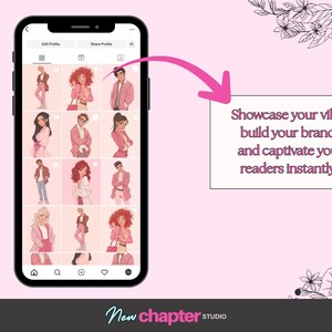May include: A mobile phone screen shows an Instagram profile with a grid of pink-toned illustrations. The illustrations depict people in different poses and outfits. The text on the screen reads, "Showcase your vibe, build your brand, and captivate your readers instantly."