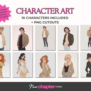 Rom Com Character Art Pack, 10 illustrierte Charaktere PNG-Ausschnitte Autoren