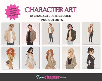Rom Com Character Art Pack, 10 Illustrated Characters PNG Cutouts Authors