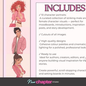 May include: Digital art collection with 10 character portraits in a soft pink palette. The image showcases illustrations of diverse male and female characters, with text reading "INCLUDES" and details about the collection. The "New chapter STUDIO" logo is at the bottom.