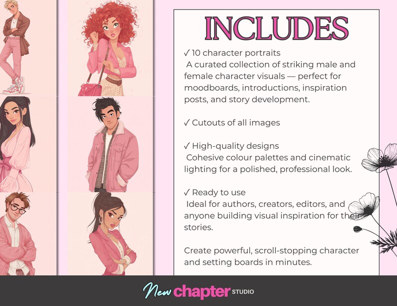 May include: Digital art collection with 10 character portraits in a soft pink palette. The image showcases illustrations of diverse male and female characters, with text reading "INCLUDES" and details about the collection. The "New chapter STUDIO" logo is at the bottom.