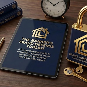 May include: An image featuring a dark blue padlock with gold accents, a tablet displaying "The Banker's Fraud Defense Toolkit", and two books. A gold pen, keys, and a clock are also present. The theme is security and financial guidance.
