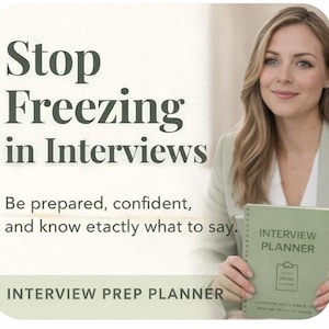 May include: Image features two digital download products. One is an interview prep planner with the text "Stop Freezing in Interviews." The other is a job search bundle with a job application tracker and interview planner.