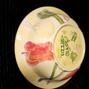 Large 12" Artist Signed Lizzie Clare Spongeware Bowl - Hand Painted Veggies