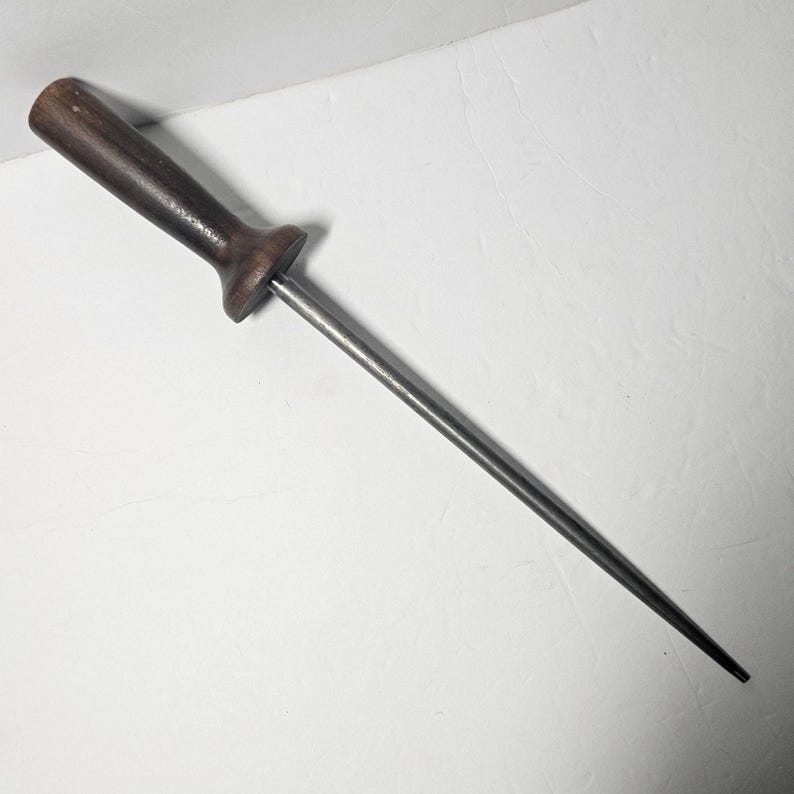 Vintage Turned Wood Handle Knife Sharpening Steel Honing Rod image 1