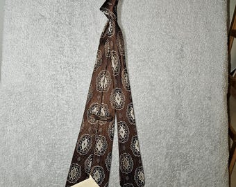 Vtg Danieli Roma 70er Jahre Breite Kipper Krawatte Braun Creme Geometrisches Medaillon Art Deco