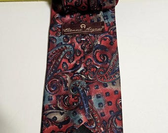 Krawat Vintage Etienne Aigner Silk Paisley Medallion - Stylizowany na włoski czerwony turkus