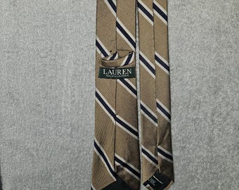 Krawat Lauren Ralph Lauren, 100% jedwab. Brązowo-granatowy, rypsowy pasek. Wykończony ręcznie. EUC.