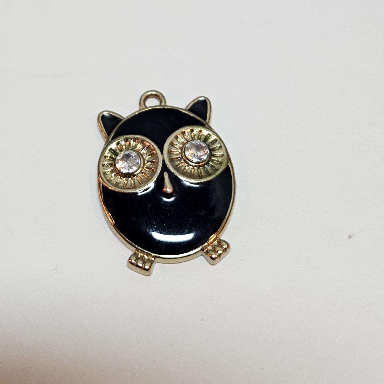 Vintage Black Enamel Owl Pendant Gold Tone Rhinestone Eyes Retro Charm 1"