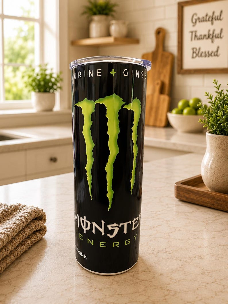 K&ouml;nnte beinhalten: Ein hoher, zylindrischer schwarzer Becher mit dem leuchtend gr&uuml;nen Monster Energy Krallen-Logo auf der Vorderseite. Der obere Teil des Bechers zeigt den Text TAURINE + GINSENG, w&auml;hrend unten das Monster Energy Drink Logo zu sehen ist.