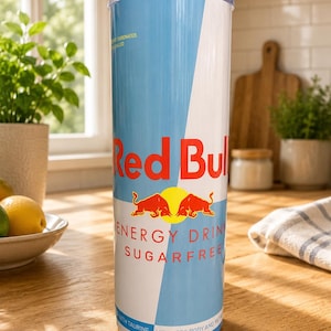 Pode incluir: Um copo cil&iacute;ndrico alto com a marca da bebida energ&eacute;tica Red Bull Sugarfree, um design diagonal em azul claro e branco, dois touros vermelhos frente a frente diante de um sol amarelo e o texto 20 FL. OZ. na parte inferior.