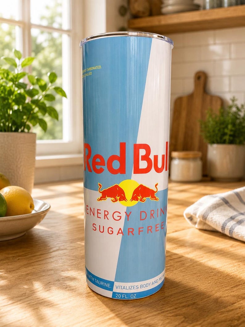 Pode incluir: Um copo cil&iacute;ndrico alto com a marca da bebida energ&eacute;tica Red Bull Sugarfree, um design diagonal em azul claro e branco, dois touros vermelhos frente a frente diante de um sol amarelo e o texto 20 FL. OZ. na parte inferior.