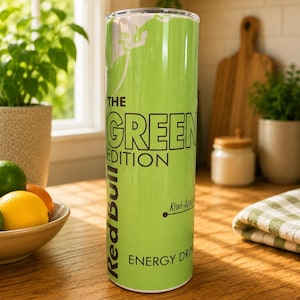 Pode incluir: Um copo cil&iacute;ndrico alto de cor verde-lim&atilde;o com o texto "THE GREEN EDITION" em letras pretas, com "Red Bull" impresso verticalmente ao longo da lateral e o texto "Kiwi-Apple" e "ENERGY DRINK" vis&iacute;vel na parte inferior do recipiente.