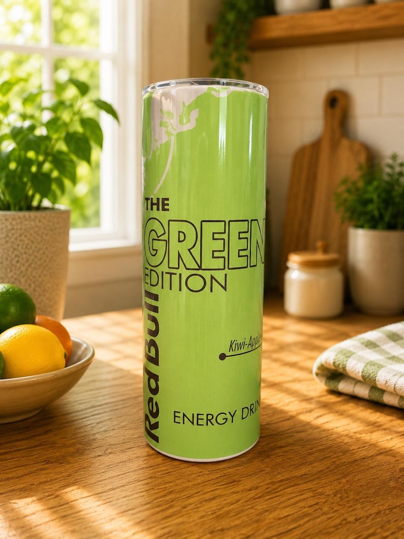 Pode incluir: Um copo cil&iacute;ndrico alto de cor verde-lim&atilde;o com o texto "THE GREEN EDITION" em letras pretas, com "Red Bull" impresso verticalmente ao longo da lateral e o texto "Kiwi-Apple" e "ENERGY DRINK" vis&iacute;vel na parte inferior do recipiente.