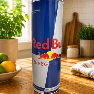 Pode incluir: Um copo cil&iacute;ndrico alto com a marca Red Bull Energy Drink no seu esquema de cores azul e prata, um gr&aacute;fico de sol amarelo, dois touros vermelhos e o texto Red Bull Energy Drink, 20 FL. OZ., e Vitalizes Body and Mind.