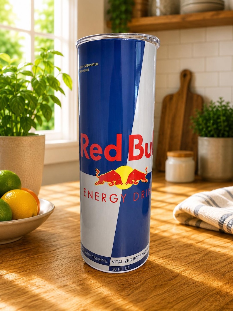 Pode incluir: Um copo cil&iacute;ndrico alto com a marca Red Bull Energy Drink no seu esquema de cores azul e prata, um gr&aacute;fico de sol amarelo, dois touros vermelhos e o texto Red Bull Energy Drink, 20 FL. OZ., e Vitalizes Body and Mind.