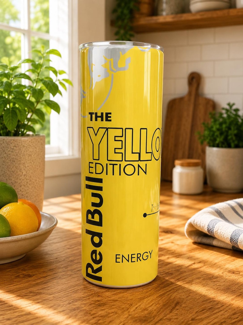 Pode incluir: Um copo cil&iacute;ndrico alto de cor amarela com a marca Red Bull The Yellow Edition em texto preto. O design inclui um gr&aacute;fico de touro prateado no topo, as palavras The Yellow Edition e o log&oacute;tipo Red Bull Energy impresso verticalmente.