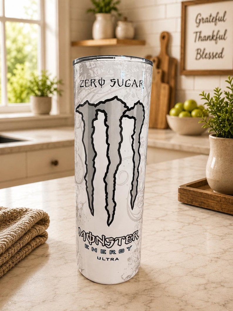 K&ouml;nnte beinhalten: Ein hoher, zylindrischer wei&szlig;er Becher mit dem schwarzen Monster Energy Krallen-Logo, dem Schriftzug "ZERO SUGAR" oben und dem "MONSTER ENERGY ULTRA" Logo unten. Die Oberfl&auml;che ist mit einem dezenten, hellgrauen Wirbelmuster versehen.