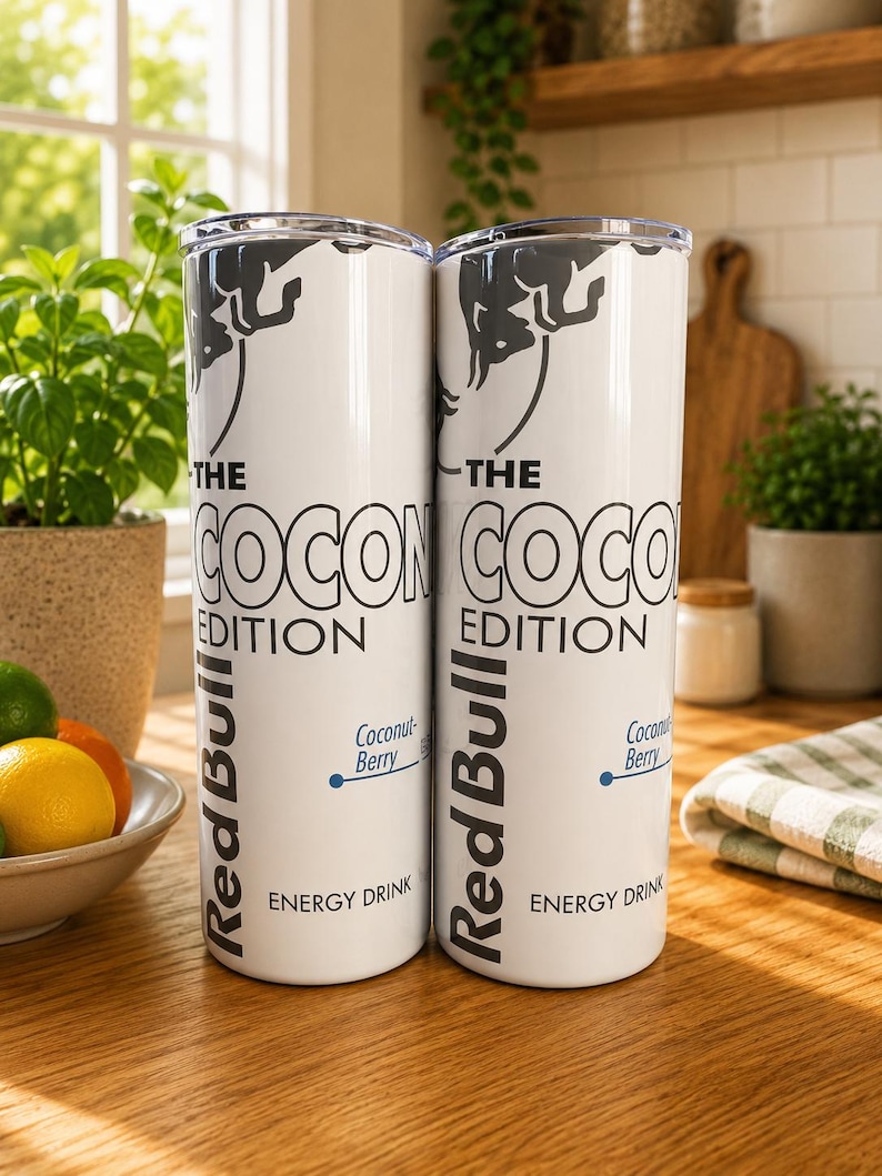 Pode incluir: Dois copos cil&iacute;ndricos brancos com o log&oacute;tipo da Red Bull e o texto THE COCONUT EDITION, Coconut Berry e ENERGY DRINK. O design inclui um gr&aacute;fico de um touro cinzento escuro no topo e detalhes azuis sobre um fundo branco limpo.
