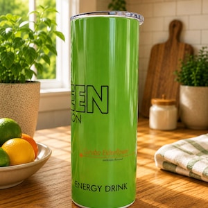 Pode incluir: Um copo cil&iacute;ndrico alto de cor verde brilhante com tampa transparente. O exterior apresenta o texto preto "GREEN" e "ENERGY DRINK", juntamente com o texto vermelho "Curuba Elderflower" e "artificially flavored" com um pequeno gr&aacute;fico de seta vermelha.