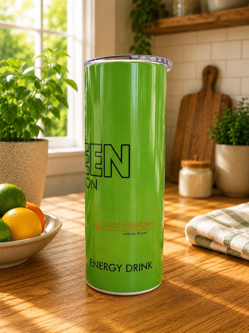 Pode incluir: Um copo cil&iacute;ndrico alto de cor verde brilhante com tampa transparente. O exterior apresenta o texto preto "GREEN" e "ENERGY DRINK", juntamente com o texto vermelho "Curuba Elderflower" e "artificially flavored" com um pequeno gr&aacute;fico de seta vermelha.