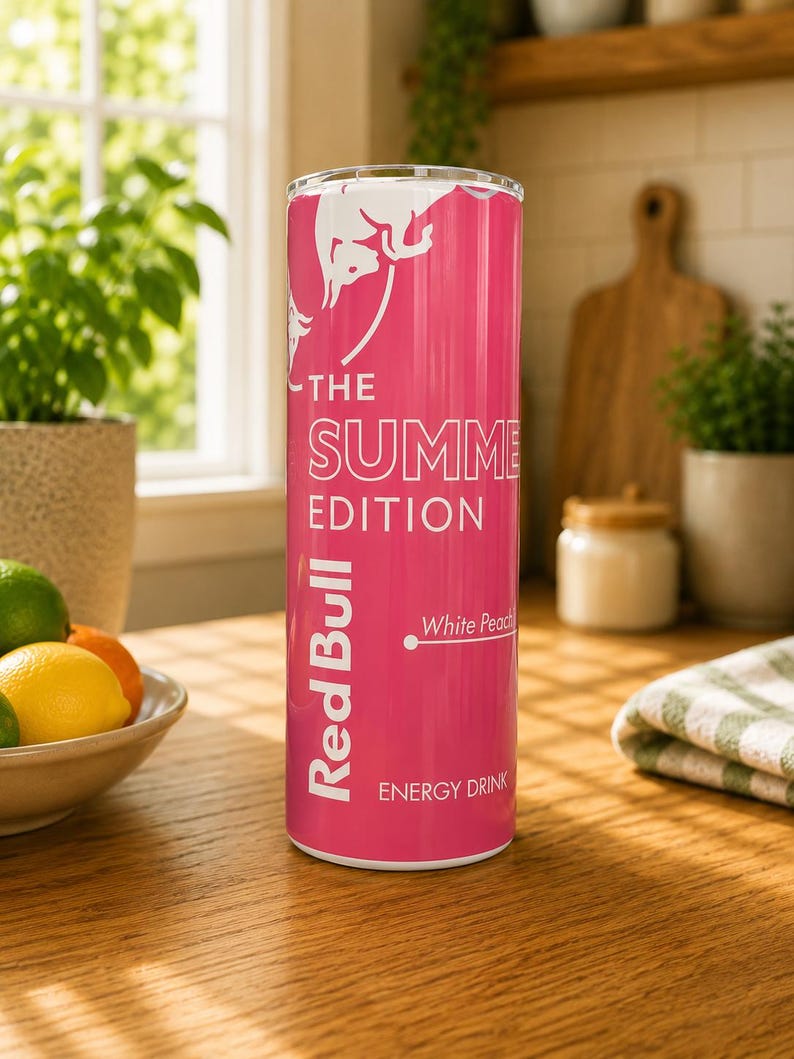 Pode incluir: Um copo cil&iacute;ndrico com um exterior rosa brilhante com gr&aacute;ficos e texto em branco. O design inclui o log&oacute;tipo da Red Bull, o texto THE SUMMER EDITION, o r&oacute;tulo de sabor White Peach e as palavras ENERGY DRINK.