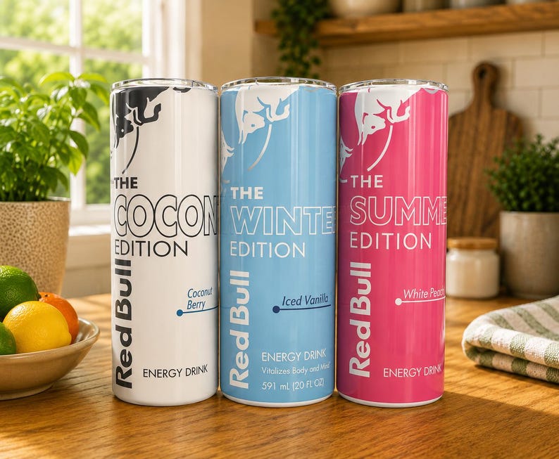 Pode incluir: Tr&ecirc;s copos cil&iacute;ndricos altos com a marca Red Bull. O copo branco exibe The Coconut Edition Coconut Berry, o copo azul claro mostra The Winter Edition Iced Vanilla e o copo rosa apresenta The Summer Edition White Peach.
