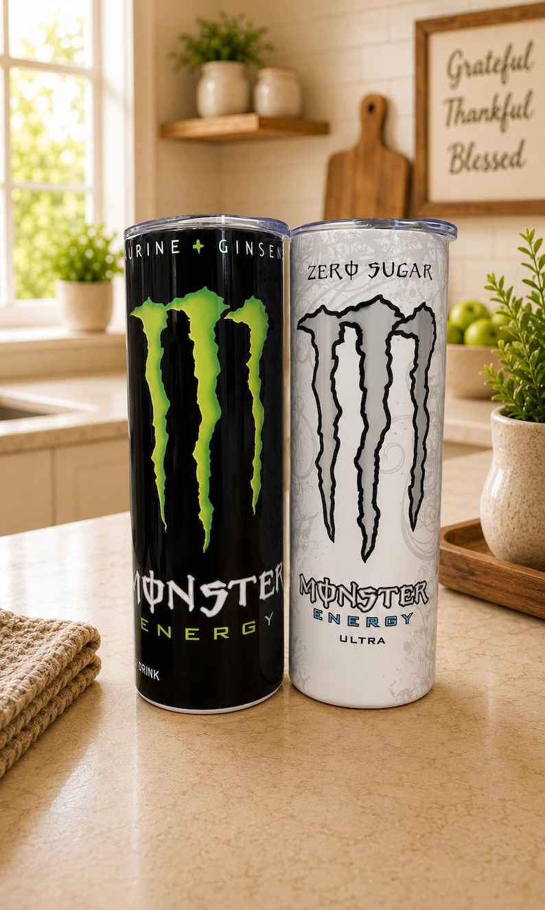 K&ouml;nnte beinhalten: Zwei zylindrische Trinkbecher mit durchsichtigen Deckeln. Der linke Becher ist schwarz mit einem hellgr&uuml;nen Krallen-Logo sowie dem Text "Monster Energy" und "Taurine + Ginseng". Der rechte Becher ist wei&szlig; mit einem grauen Krallen-Logo und dem Text "Zero Sugar" und "Monster Energy Ultra".