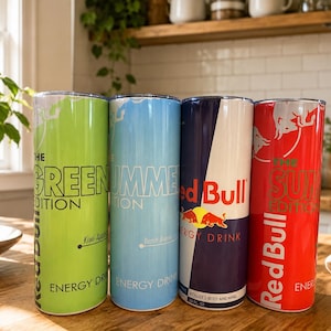 Pode incluir: Quatro copos cil&iacute;ndricos com designs inspirados em latas de bebida energ&eacute;tica Red Bull. Os copos apresentam esquemas de cores verde, azul claro, azul escuro e vermelho com texto impresso, incluindo The Green Edition, The Summer Edition e Red Bull.