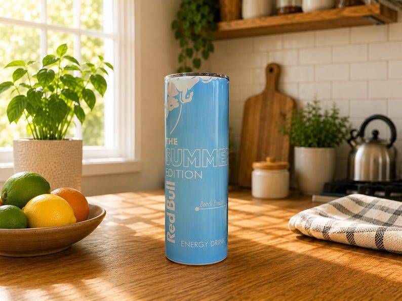 Pode incluir: Um copo cil&iacute;ndrico azul-claro com o log&oacute;tipo Red Bull The Summer Edition em texto branco. O design inclui um gr&aacute;fico de flores brancas no topo e as palavras Energy Drink na parte inferior, com um acabamento liso e um rebordo met&aacute;lico plano.