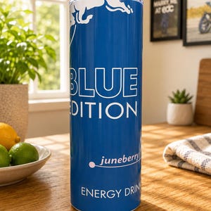 Pode incluir: Uma lata cil&iacute;ndrica alta de bebida energ&eacute;tica azul com o texto branco "BLUE EDITION" exibido de forma proeminente. Abaixo, a palavra "juneberry" est&aacute; impressa em branco com um pequeno gr&aacute;fico de ponto, seguido pelo texto branco "ENERGY DRINK" na base.