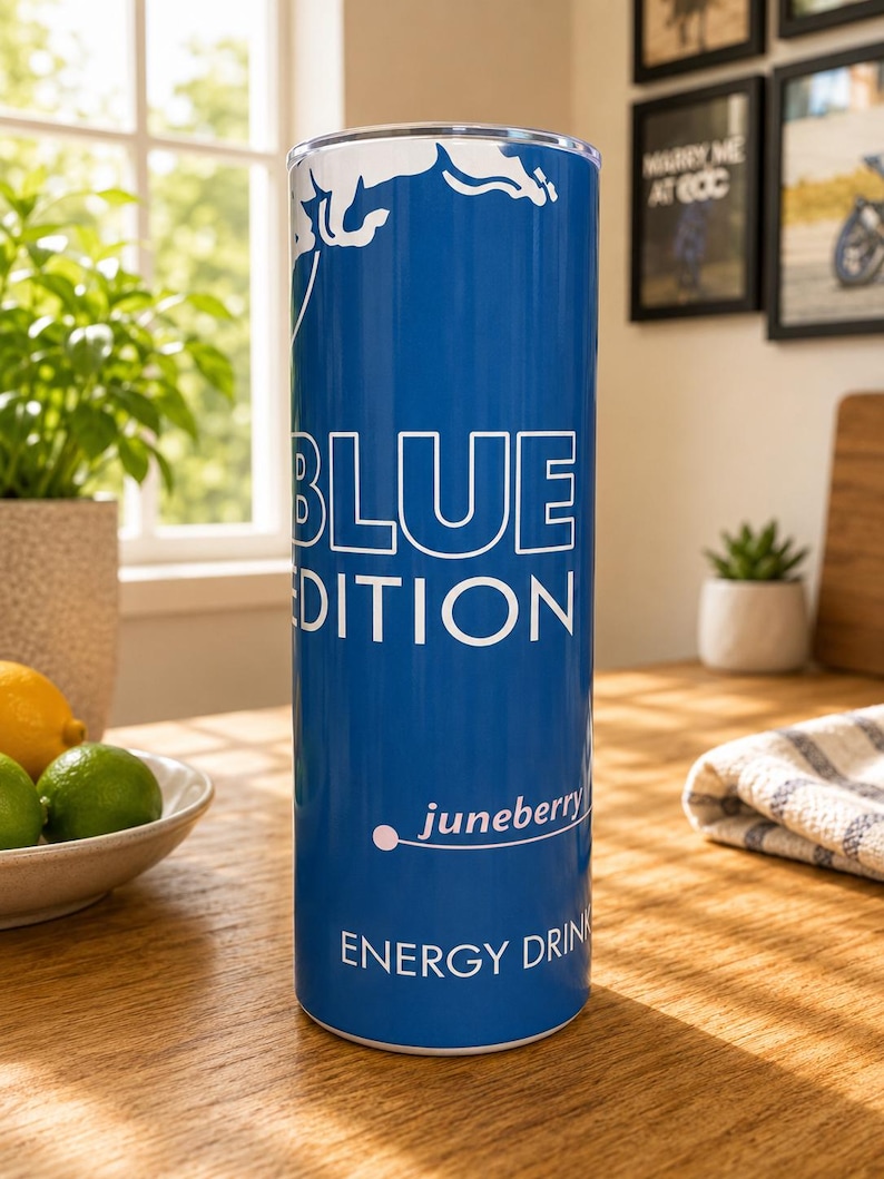 Pode incluir: Uma lata cil&iacute;ndrica alta de bebida energ&eacute;tica azul com o texto branco "BLUE EDITION" exibido de forma proeminente. Abaixo, a palavra "juneberry" est&aacute; impressa em branco com um pequeno gr&aacute;fico de ponto, seguido pelo texto branco "ENERGY DRINK" na base.