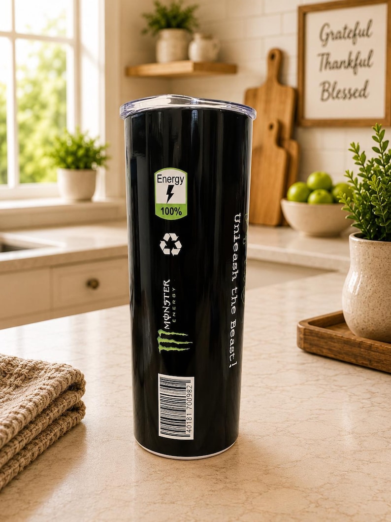 K&ouml;nnte beinhalten: Ein schwarzer zylindrischer Becher mit transparentem Deckel, der ein gr&uuml;n-wei&szlig;es Energy 100%-Symbol, ein Recycling-Symbol, das Monster Energy-Logo, den Text Unleash the Beast! und einen vertikalen Strichcode mit der Nummer 40181 700982 zeigt.