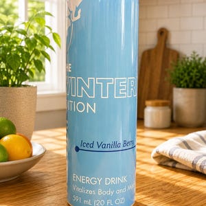 Pode incluir: Um copo cil&iacute;ndrico azul-claro com texto branco que diz THE WINTER EDITION, Iced Vanilla Berry, ENERGY DRINK, Vitalizes Body and Mind e 591 mL (20 FL OZ). O recipiente tem uma tampa transparente e um acabamento liso e brilhante.