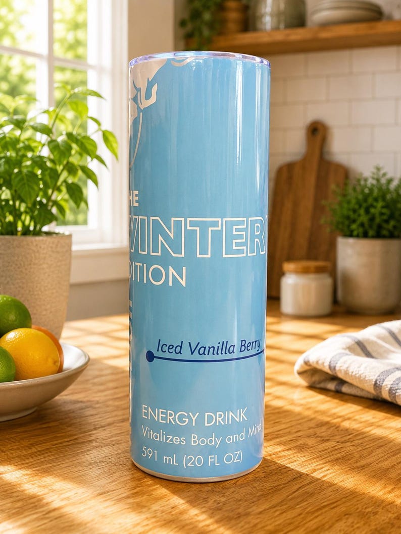 Pode incluir: Um copo cil&iacute;ndrico azul-claro com texto branco que diz THE WINTER EDITION, Iced Vanilla Berry, ENERGY DRINK, Vitalizes Body and Mind e 591 mL (20 FL OZ). O recipiente tem uma tampa transparente e um acabamento liso e brilhante.
