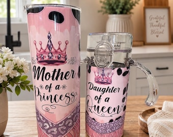 Mother and Daughter Matching Tumbler Set – Mother of a Princess & Daughter of a Queen – Mommy and Me Stainless Steel Cup Set