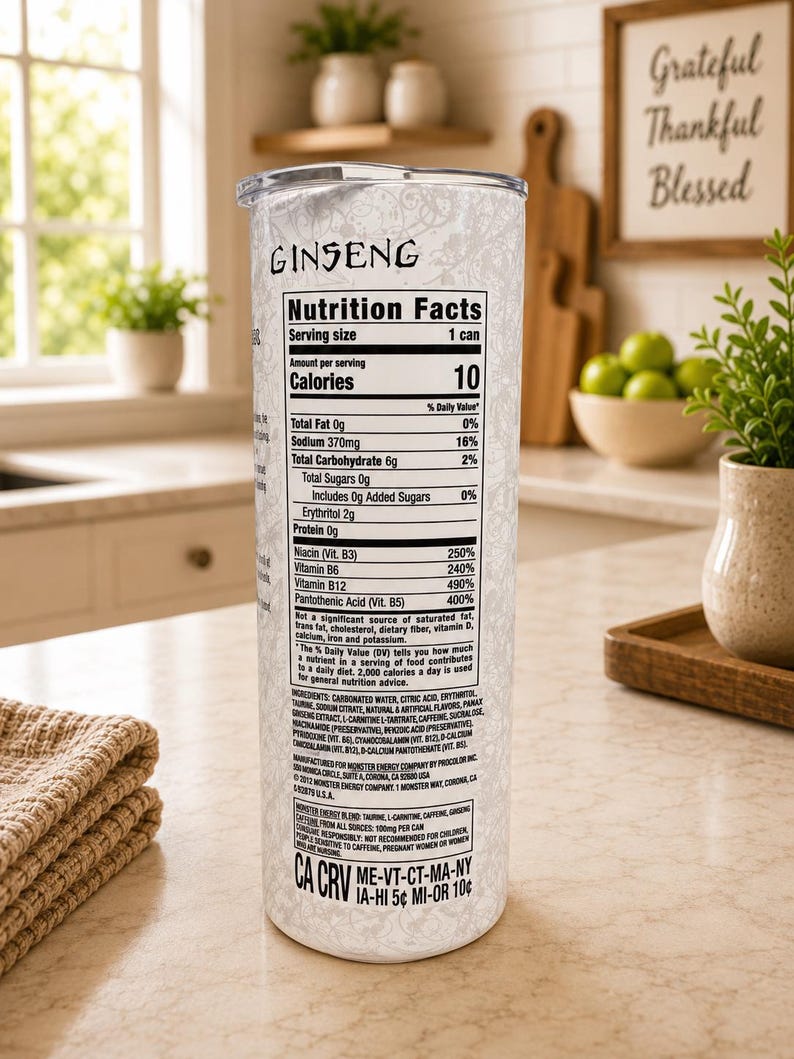 K&ouml;nnte beinhalten: Ein zylindrischer wei&szlig;er Becher mit einem schwarz aufgedruckten N&auml;hrwertetikett und dem Wort GINSENG am oberen Rand. Das Design enth&auml;lt detaillierte Angaben zu Portionsgr&ouml;&szlig;e, Kalorien, Vitaminen und Inhaltsstoffen sowie einen transparenten Deckel.
